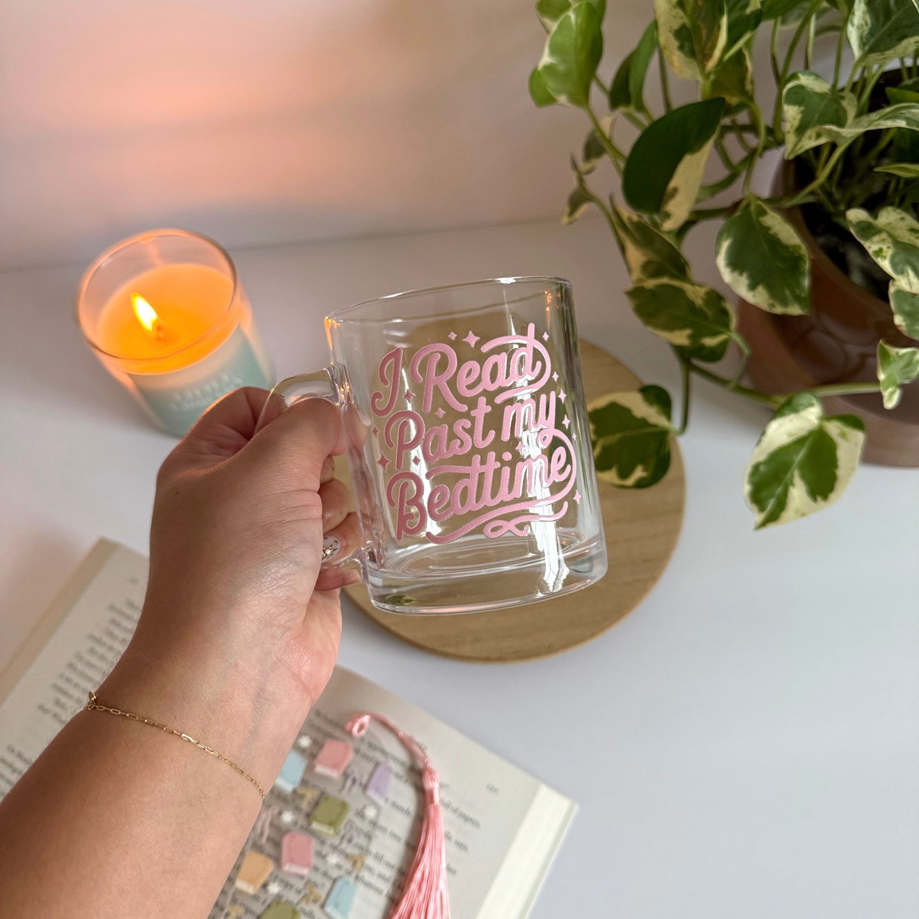 Read Past my Bedtime Bookish Glass Mug – Aesthetic Clear Mug for Coffee & Book Lovers