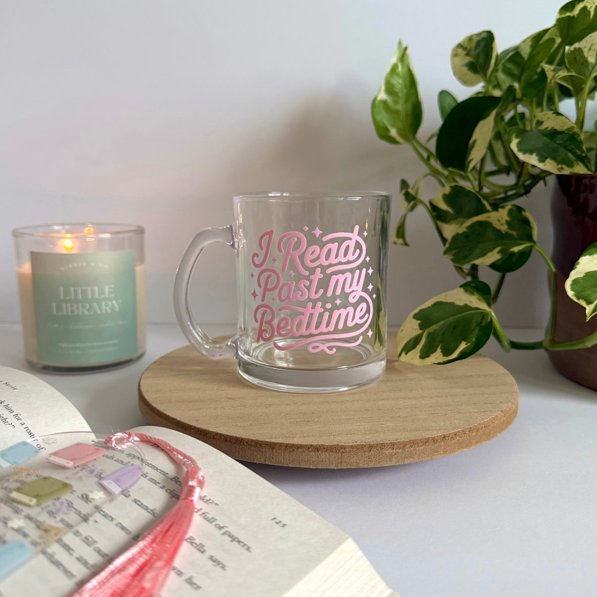 Read Past my Bedtime Bookish Glass Mug – Aesthetic Clear Mug for Coffee & Book Lovers