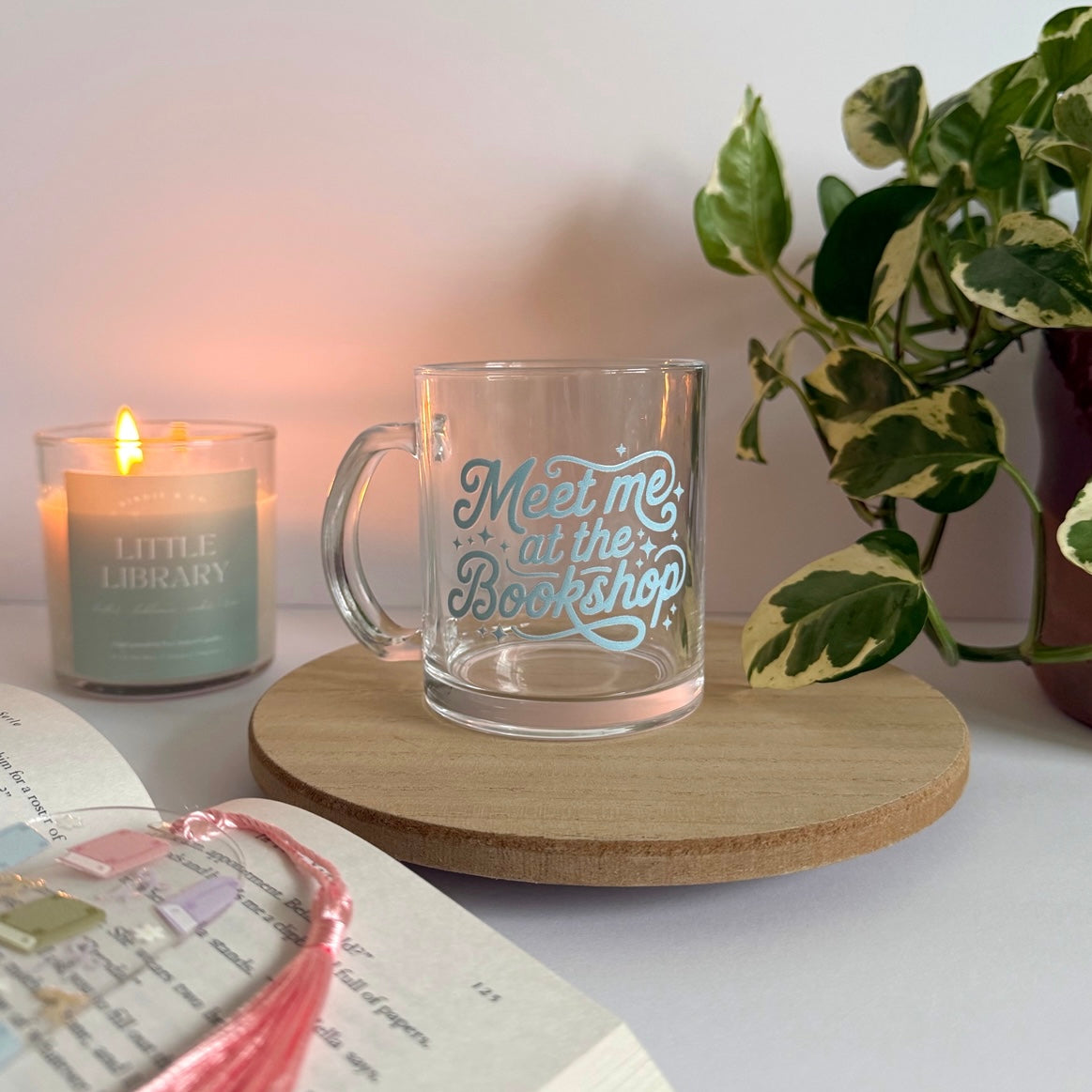 Meet me at the Bookshop Bookish Glass Mug – Aesthetic Clear Mug for Coffee & Book Lovers