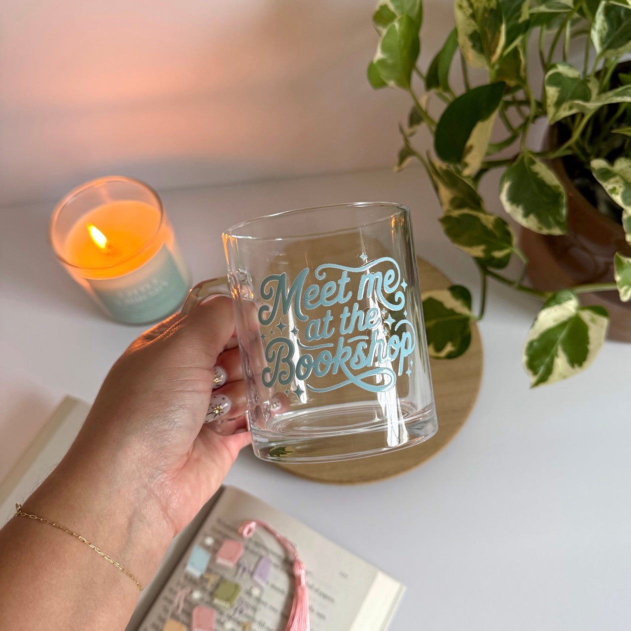 Meet me at the Bookshop Bookish Glass Mug – Aesthetic Clear Mug for Coffee & Book Lovers