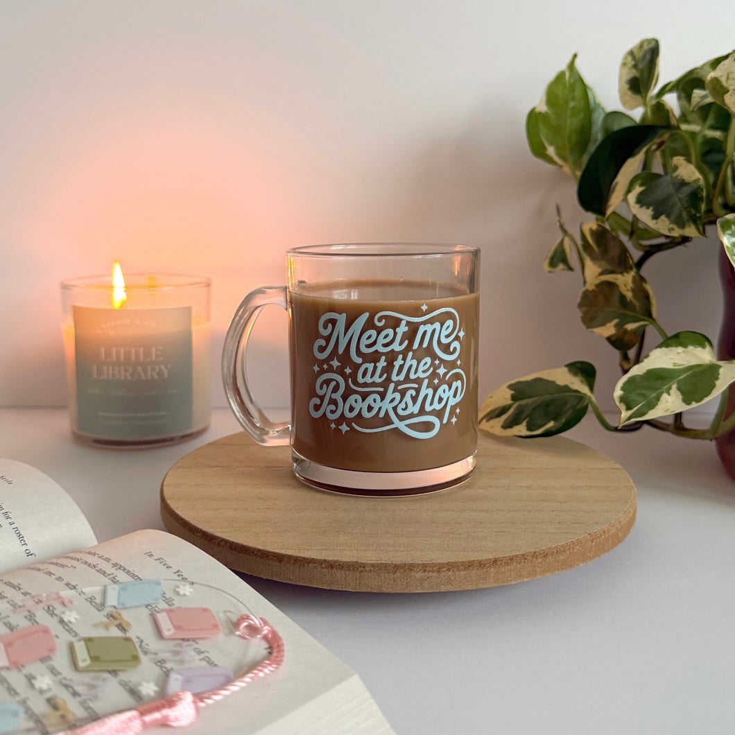 Meet me at the Bookshop Bookish Glass Mug – Aesthetic Clear Mug for Coffee  & Book Lovers