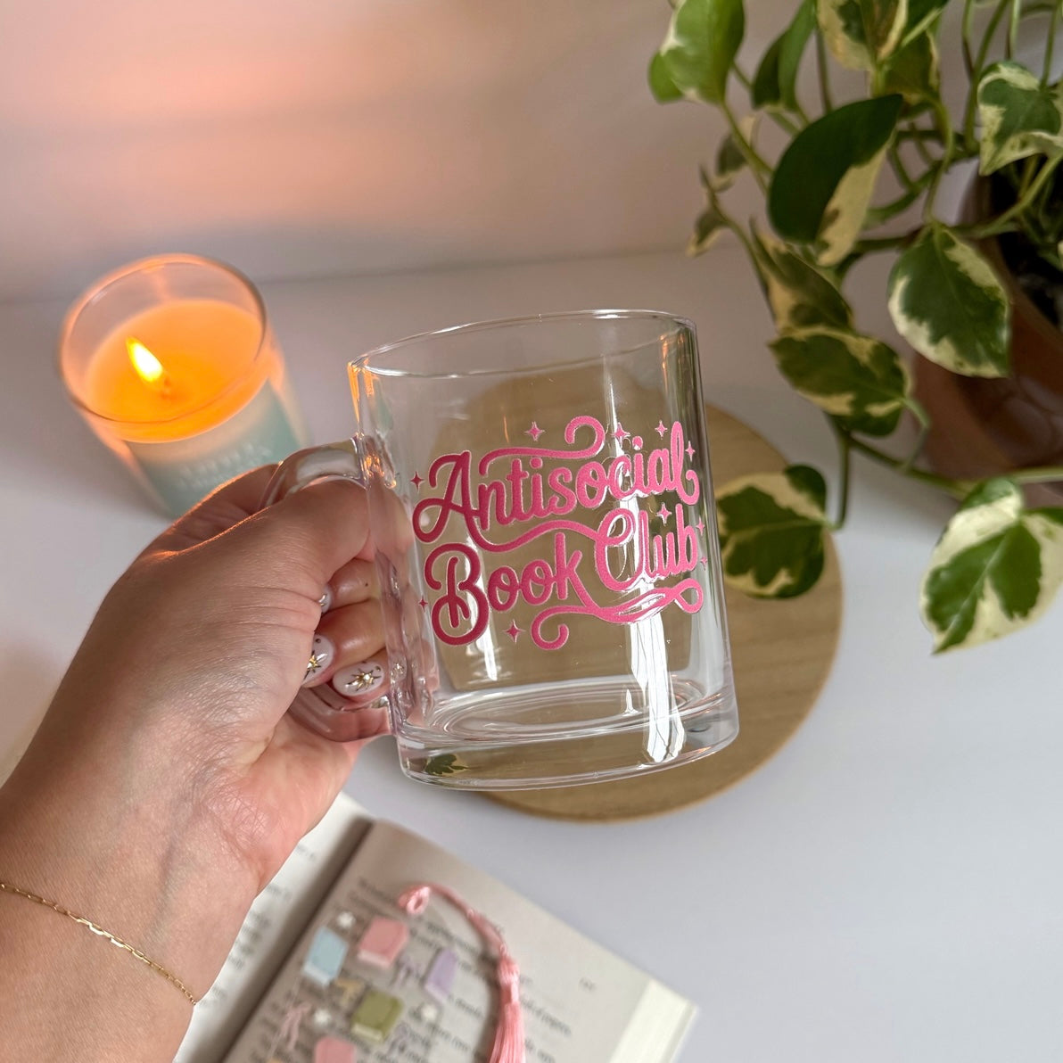 Antisocial Book Club Bookish Glass Mug – Aesthetic Clear Mug for Coffee & Book Lovers