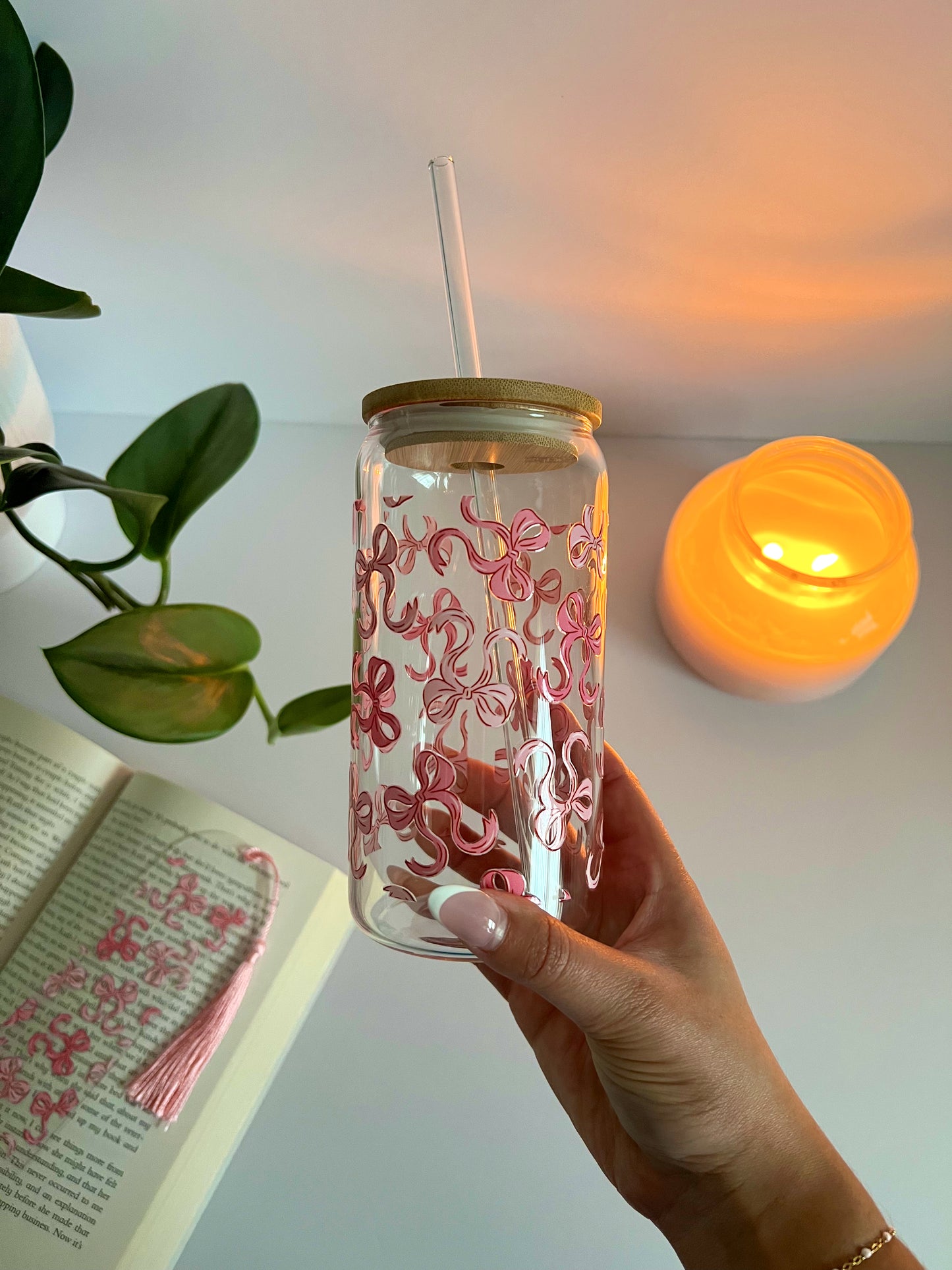 Pink Bow Iced Coffee Glass
