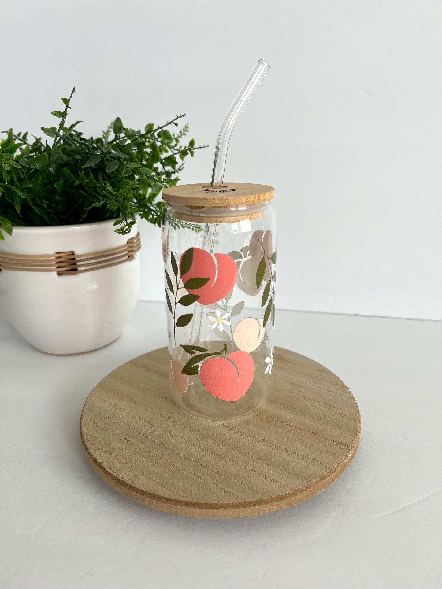 Peach and Flower Iced Coffee Glass