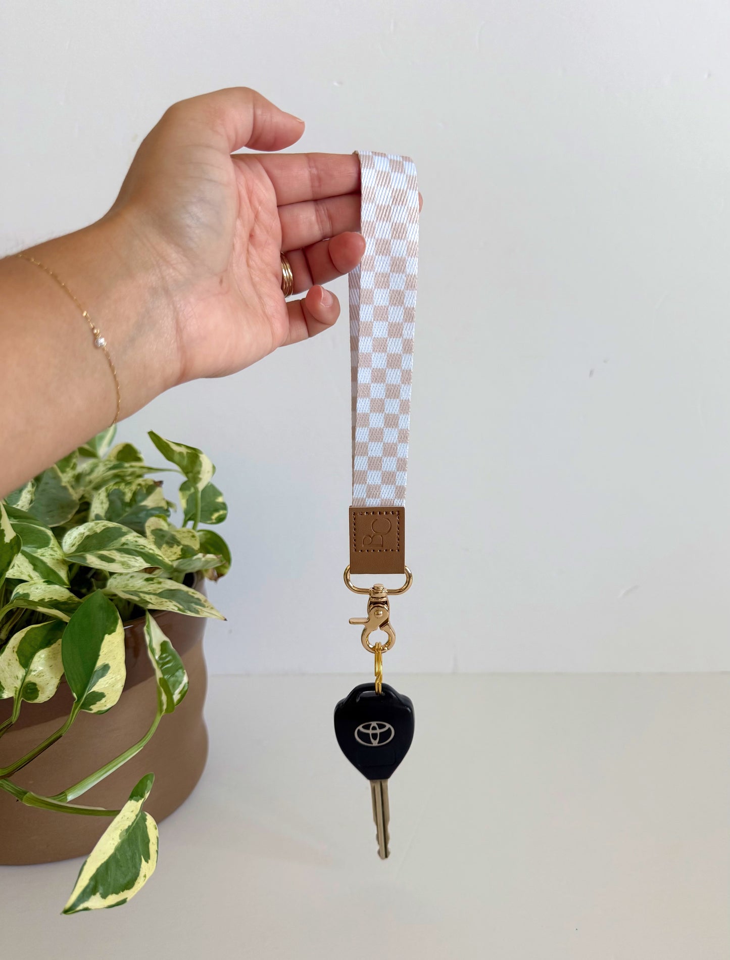 Beige Checker Wristlet Keychain