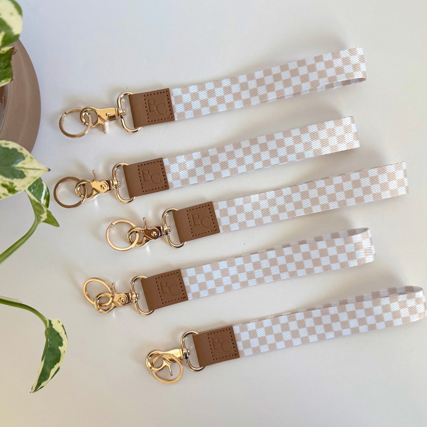 Beige Checker Wristlet Keychain