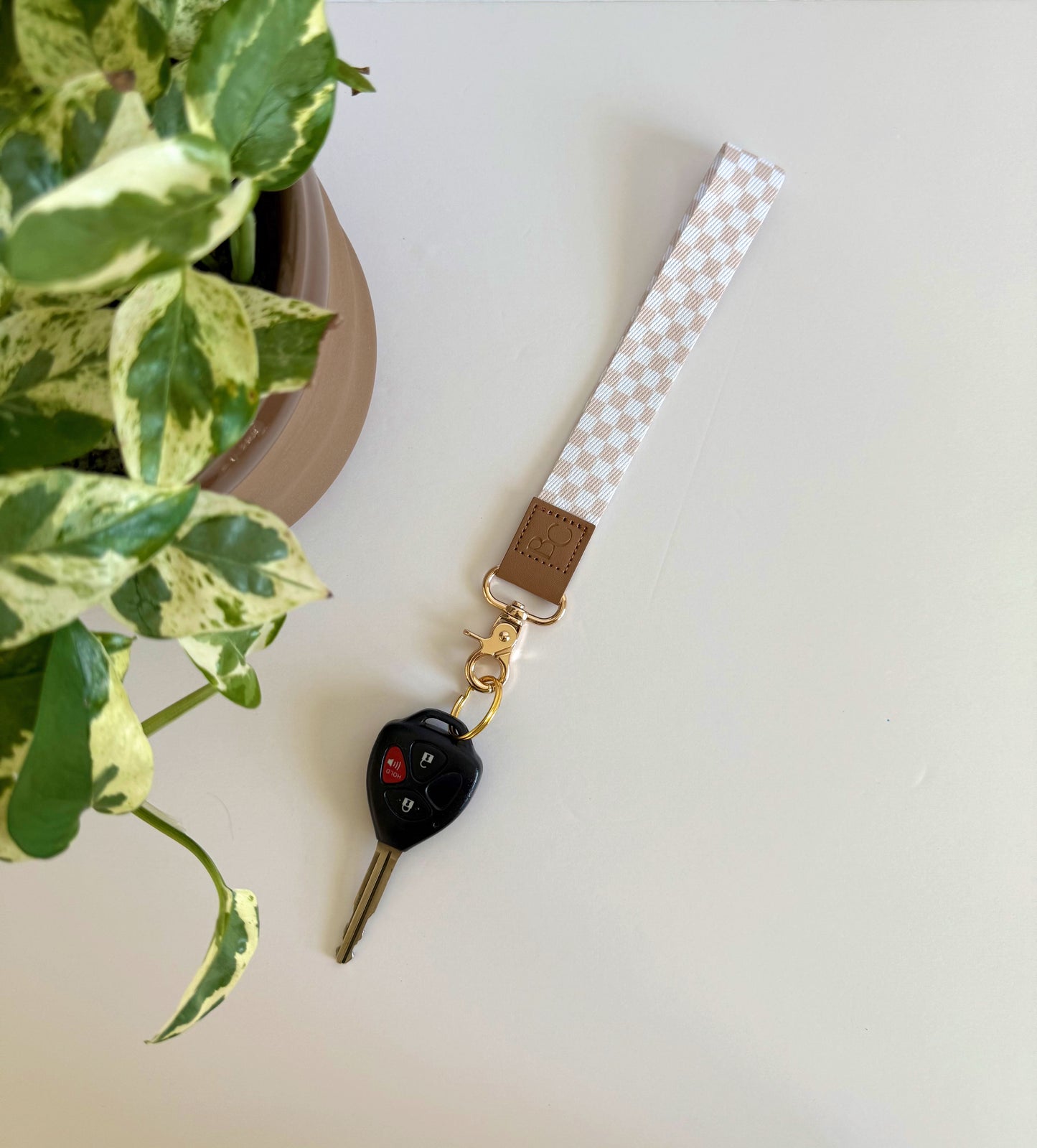 Beige Checker Wristlet Keychain