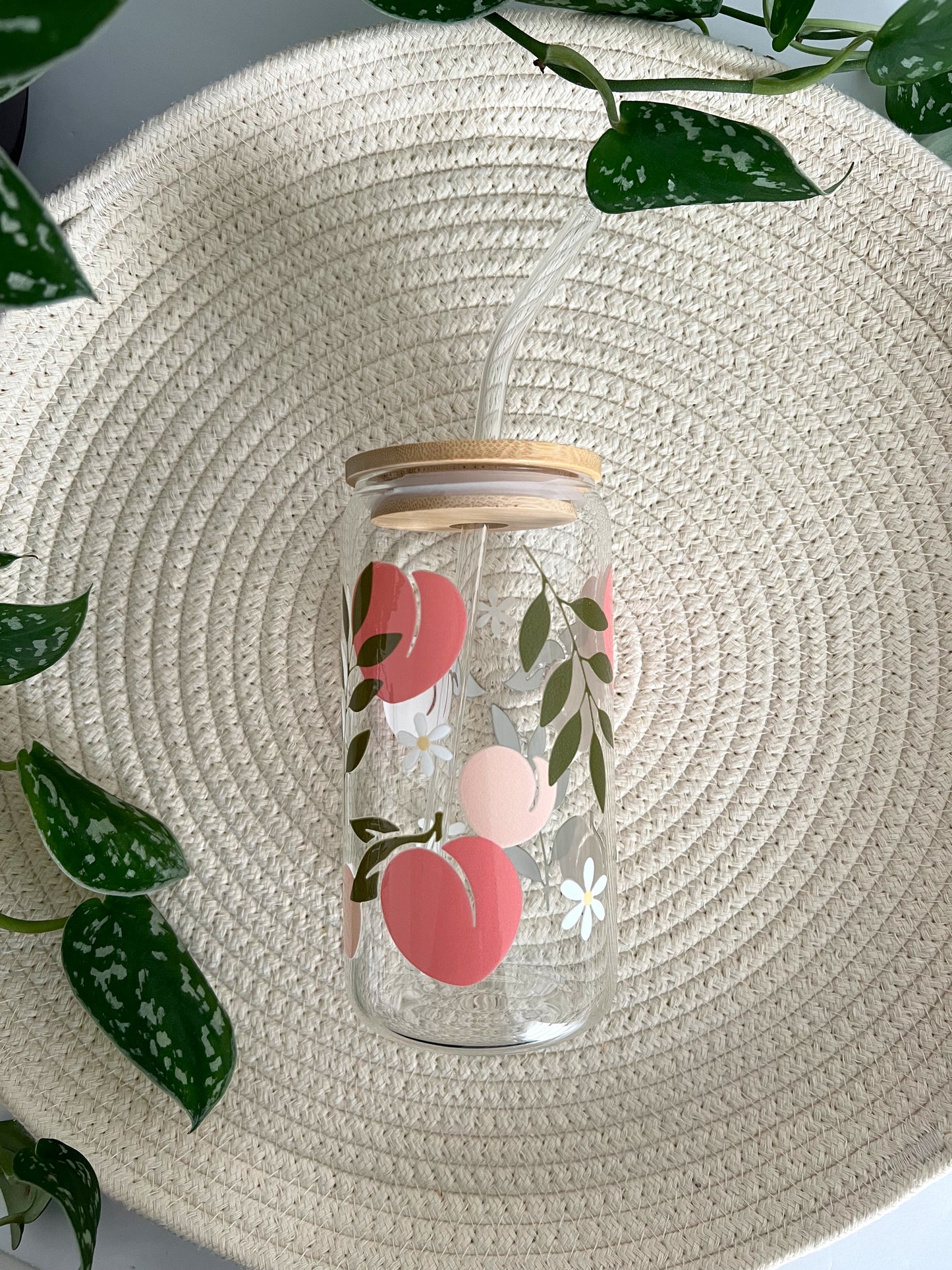 Peach and Flower Iced Coffee Glass