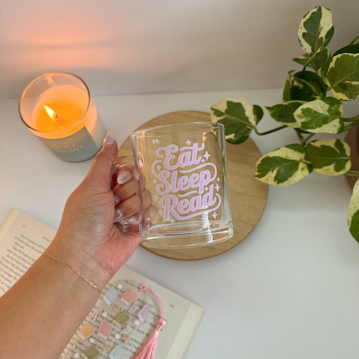 Eat, Sleep, Read Bookish Glass Mug – Aesthetic Clear Mug for Coffee & Book Lovers