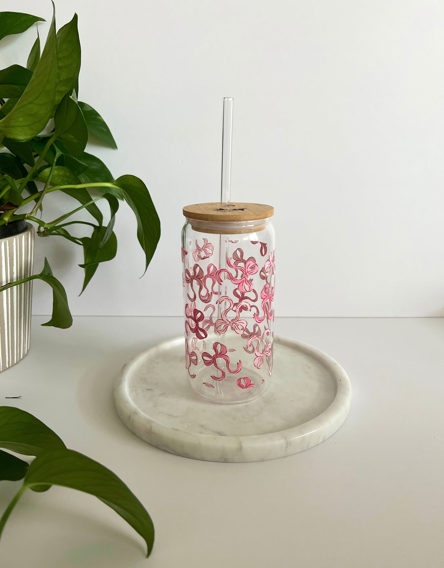 Pink Bow Iced Coffee Glass