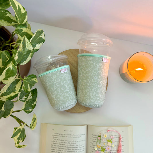 Dainty Green Floral Iced Coffee Sleeve – Reusable Cup Holder for Coffee Lovers