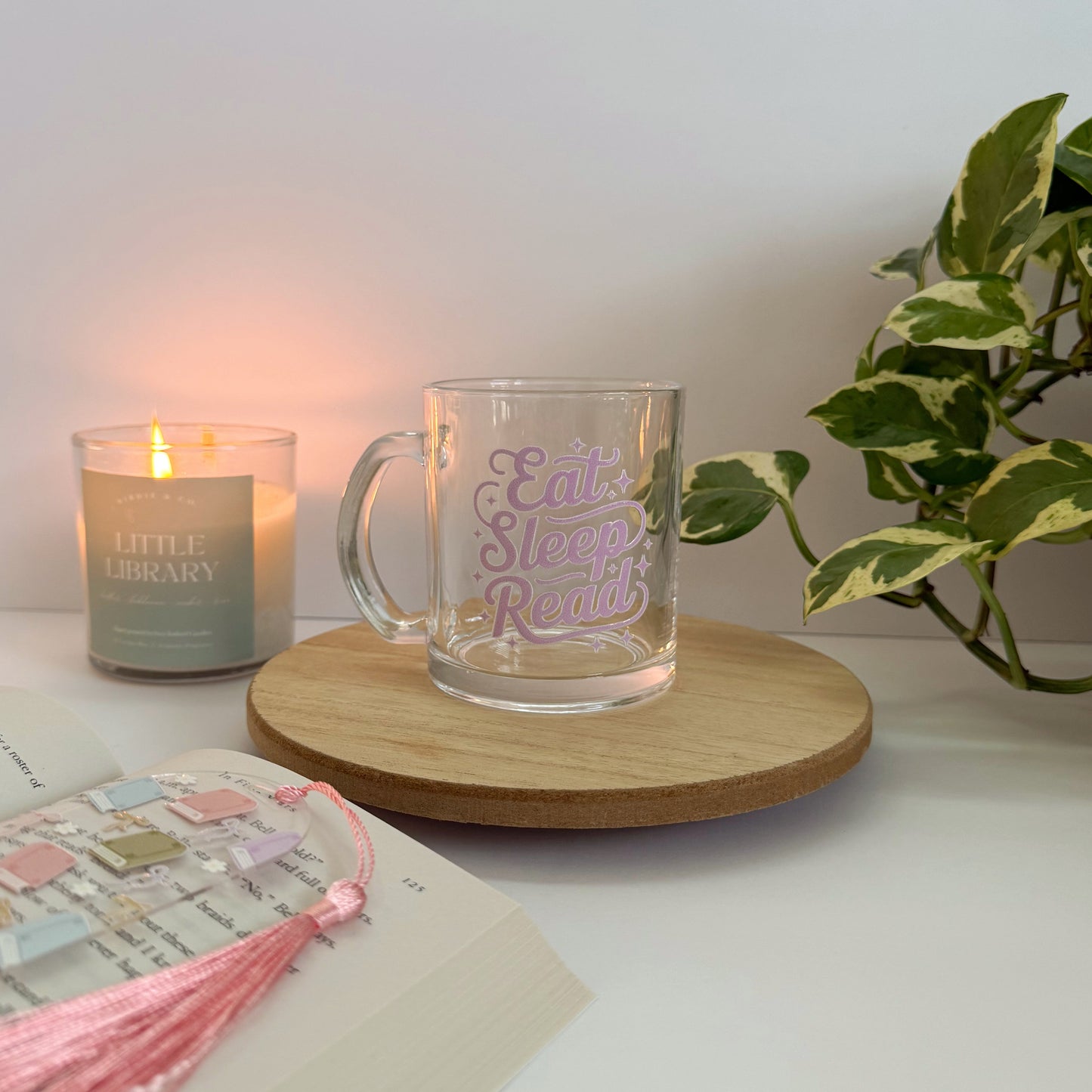 Eat, Sleep, Read Bookish Glass Mug – Aesthetic Clear Mug for Coffee & Book Lovers