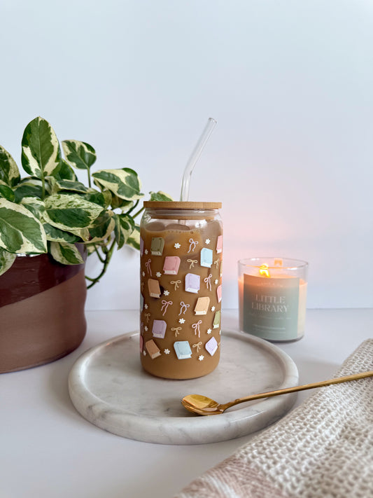Pastel Books Iced Coffee Glass – Reusable Glass Can Cup with Book Lover Design