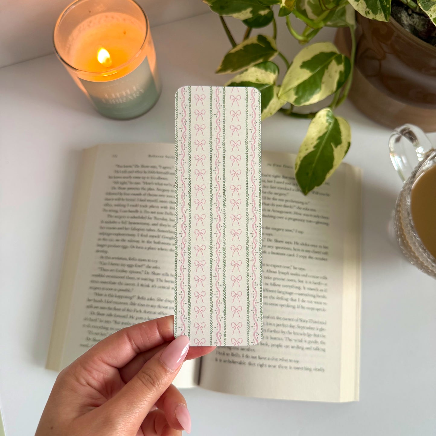 Pink Bows and Greenery Striped Double-Sided Bookmark