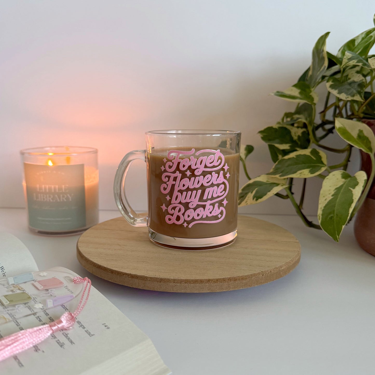 Forget Flowers Buy me Books Glass Mug – Aesthetic Clear Mug for Coffee & Book Lovers