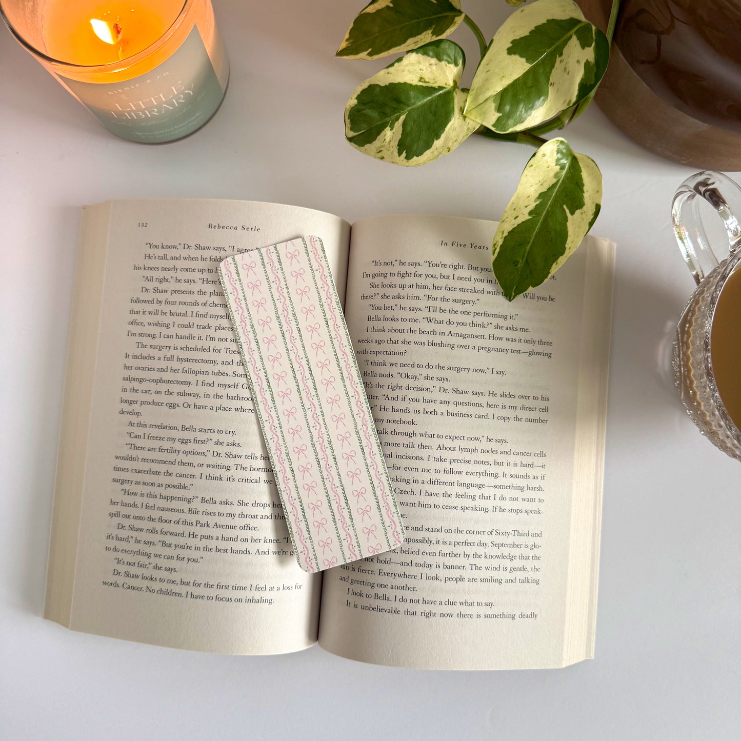 Pink Bows and Greenery Striped Double-Sided Bookmark
