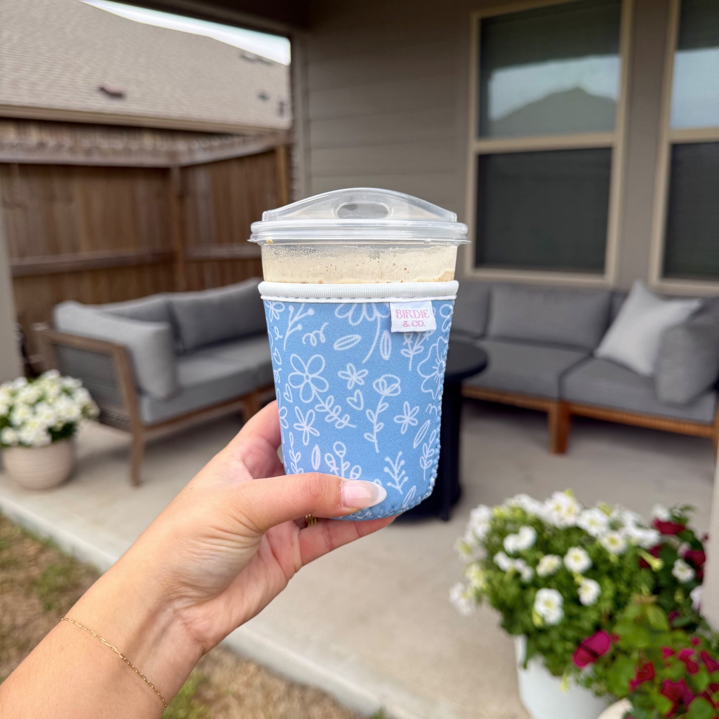 Blue and White Floral Iced Coffee Sleeve