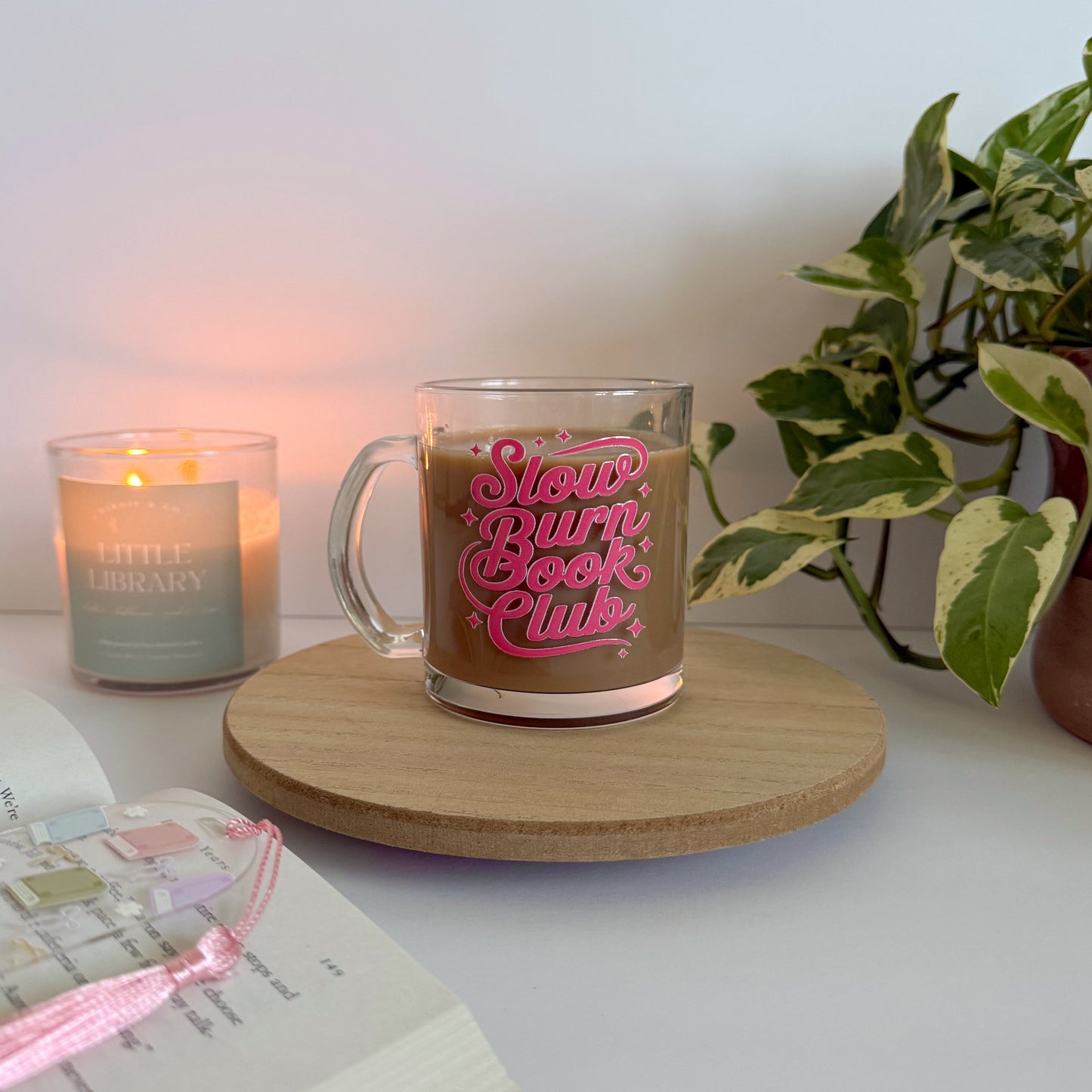 Slow Burn Book Club Bookish Glass Mug – Aesthetic Clear Mug for Coffee & Book Lovers