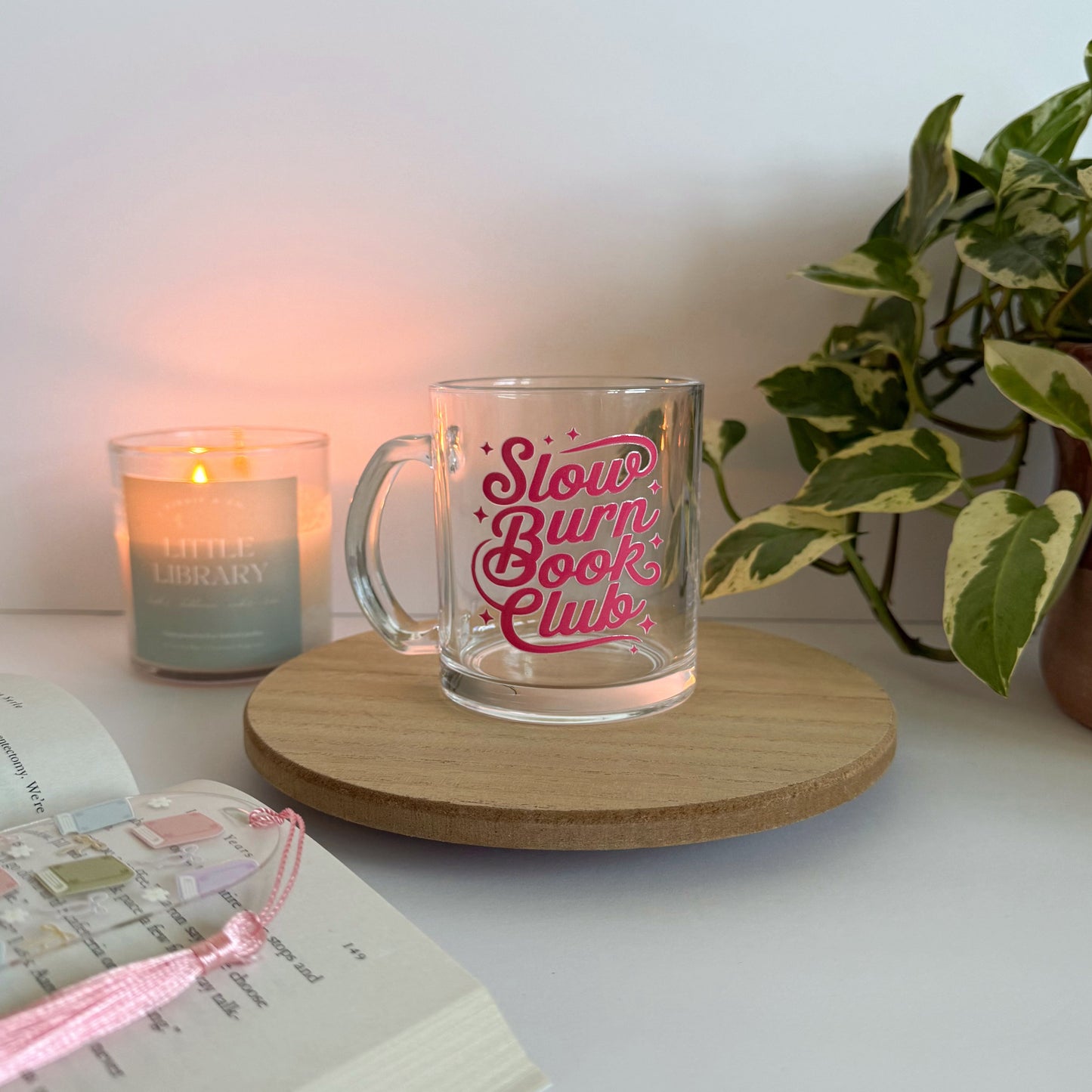 Slow Burn Book Club Bookish Glass Mug – Aesthetic Clear Mug for Coffee & Book Lovers
