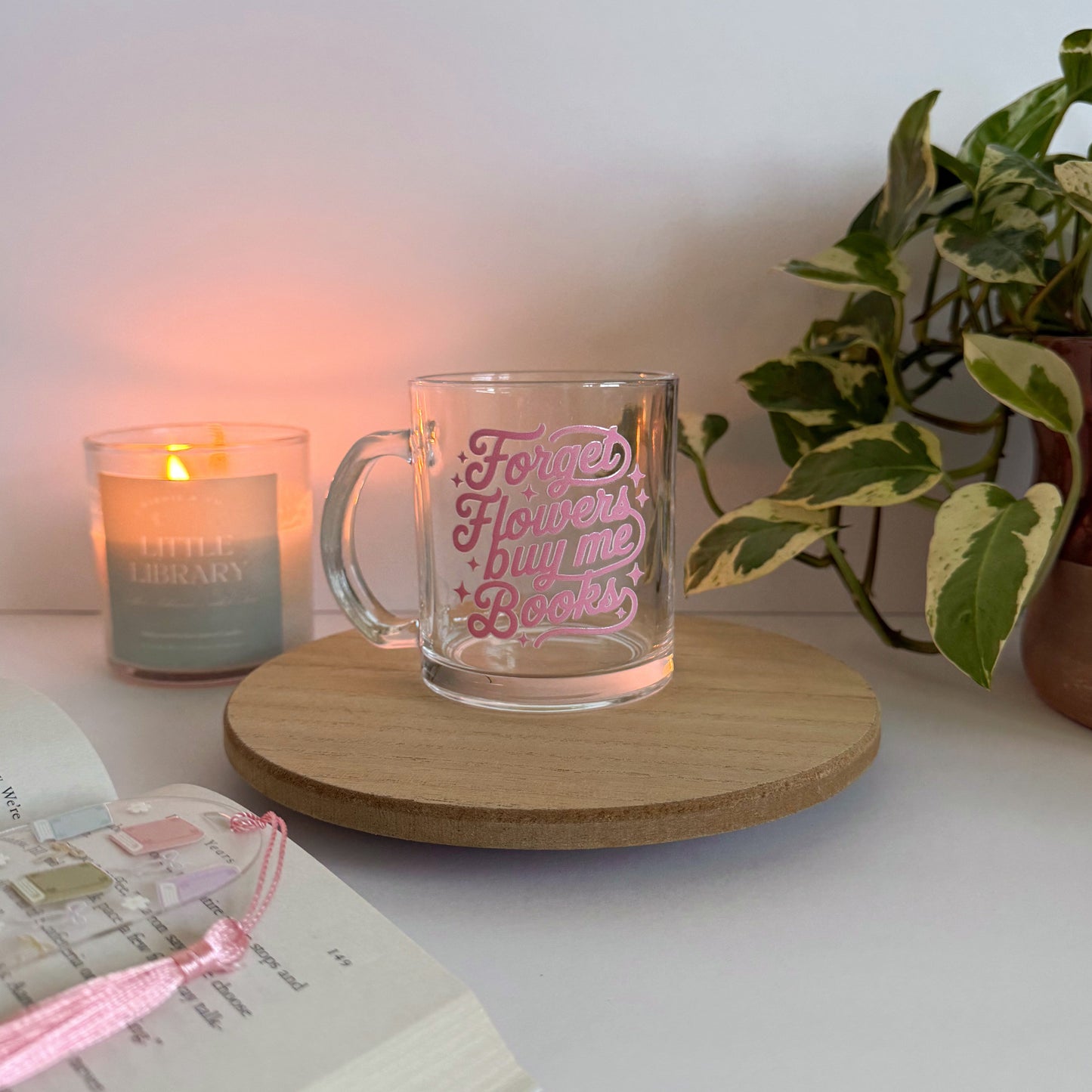 Forget Flowers Buy me Books Glass Mug – Aesthetic Clear Mug for Coffee & Book Lovers