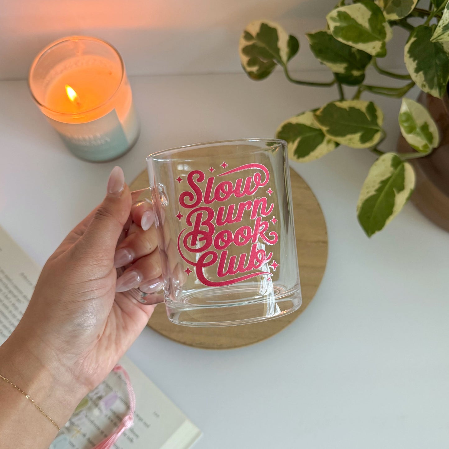 Slow Burn Book Club Bookish Glass Mug – Aesthetic Clear Mug for Coffee & Book Lovers