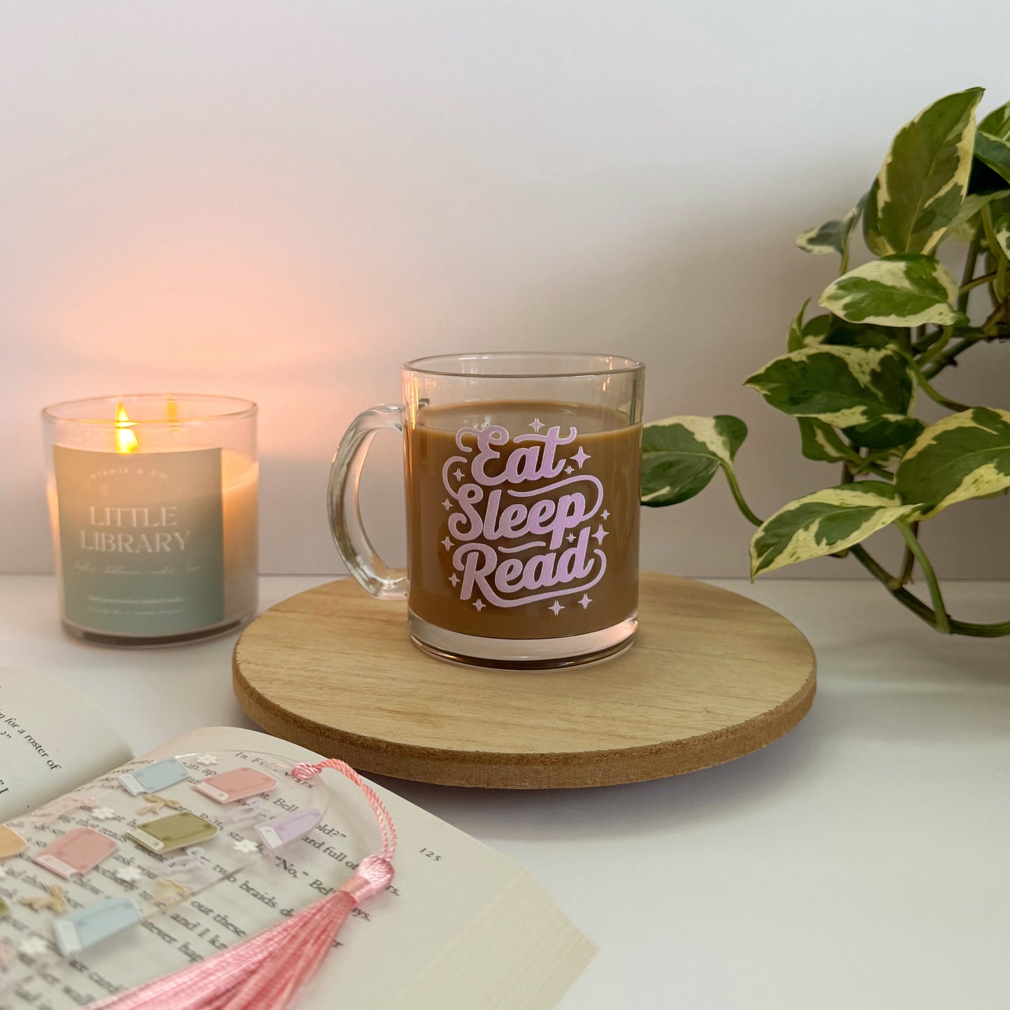 Eat, Sleep, Read Bookish Glass Mug – Aesthetic Clear Mug for Coffee & Book Lovers