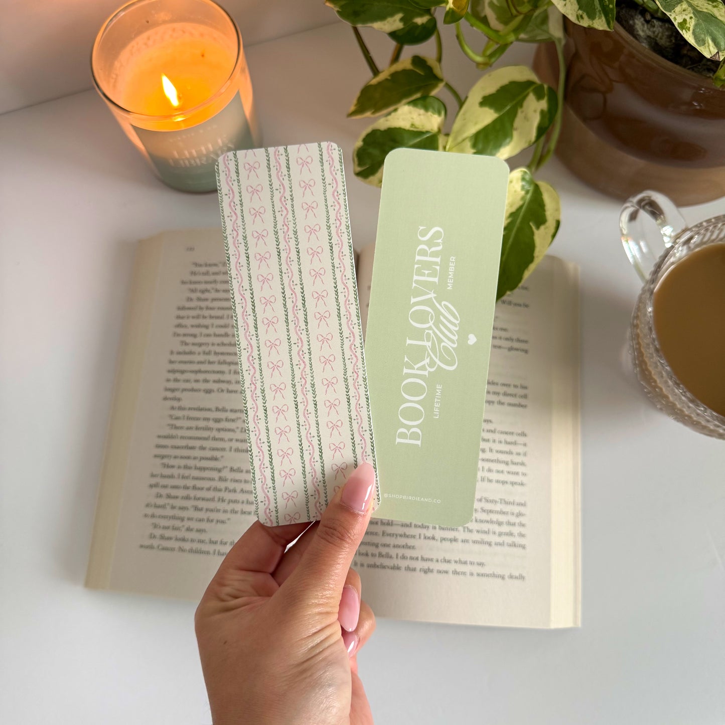 Pink Bows and Greenery Striped Double-Sided Bookmark