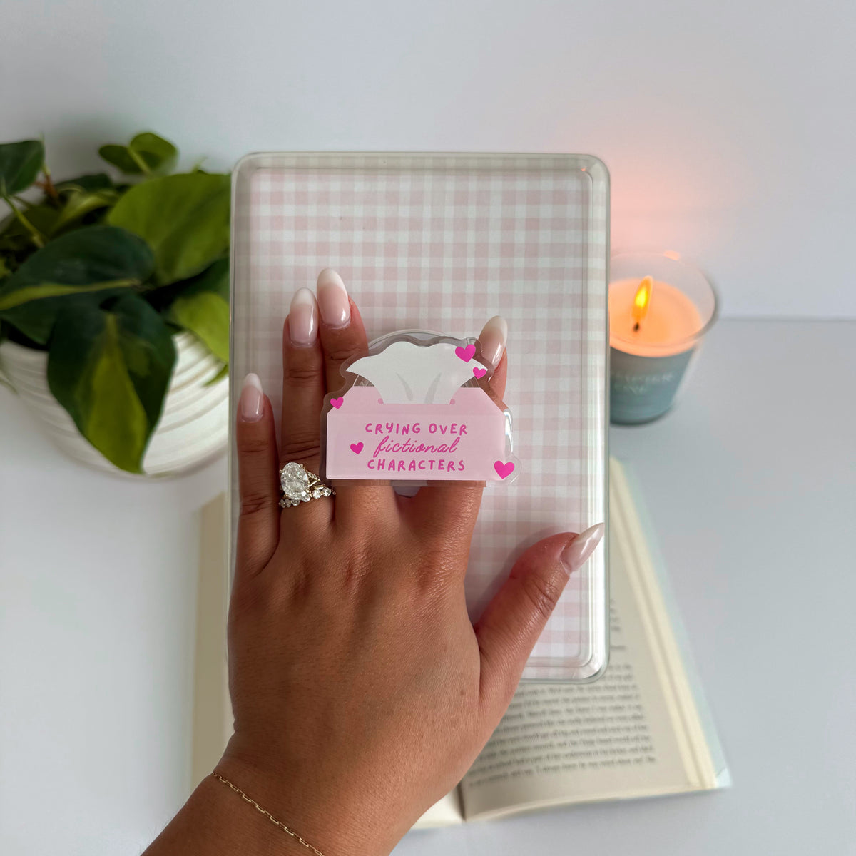 Crying Over Fictional Characters Kindle Grip, E-reader Magnetic Holder