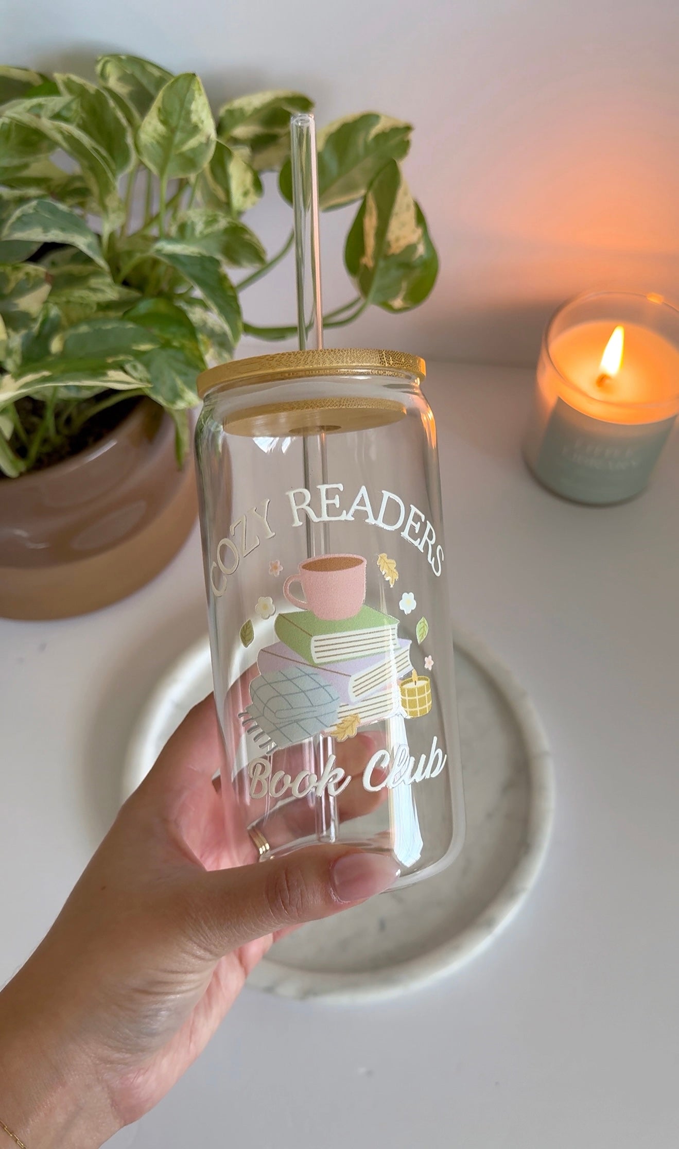 Cozy Readers Book Club Iced Coffee Glass – Reusable Glass Can Cup for Book Lovers & Coffee Enthusiasts