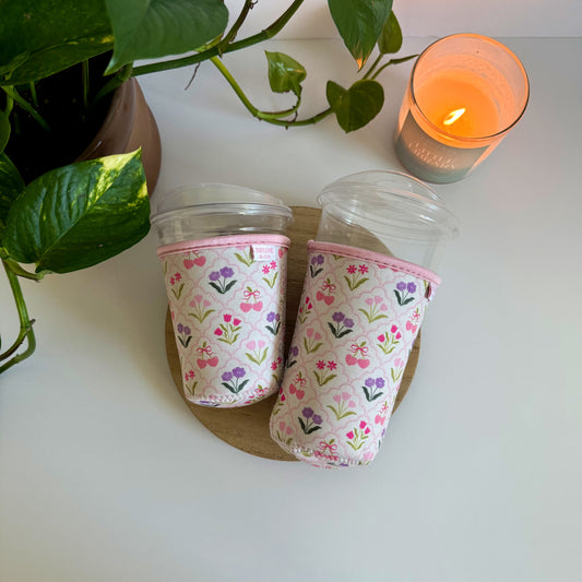 Neutral Diamond Floral Iced Coffee Sleeve, Reusable Cup Holder for Coffee Lover