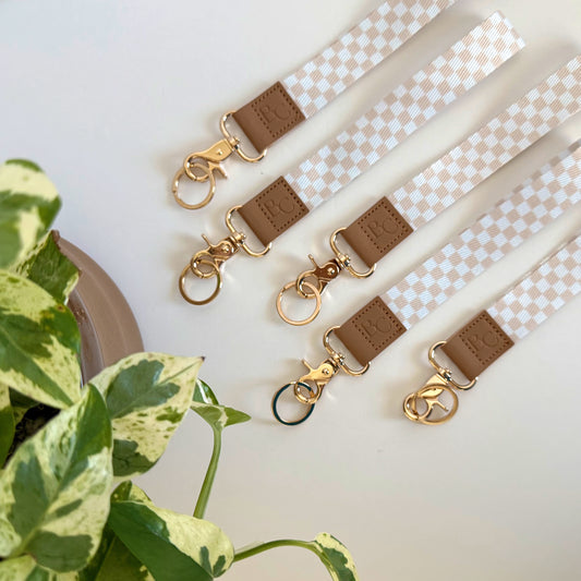 Beige Checker Wristlet Keychain