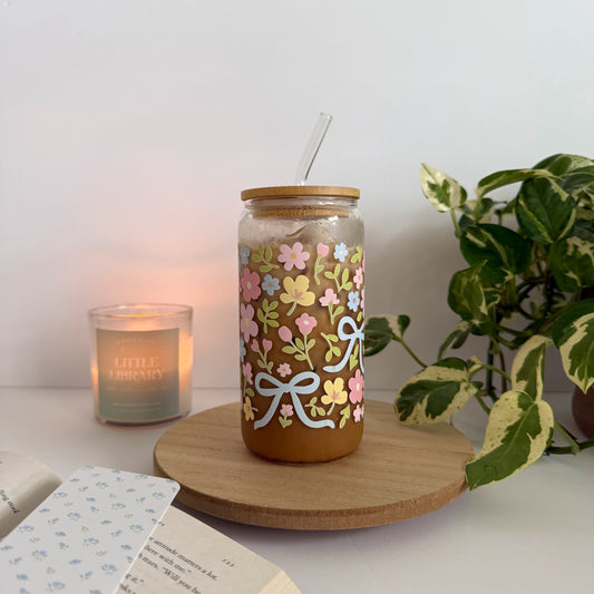 Coquette Blue Bow and Floral Iced Coffee Glass