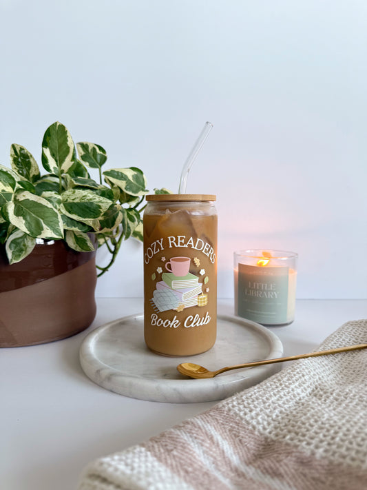 Cozy Readers Book Club Iced Coffee Glass – Reusable Glass Can Cup for Book Lovers & Coffee Enthusiasts