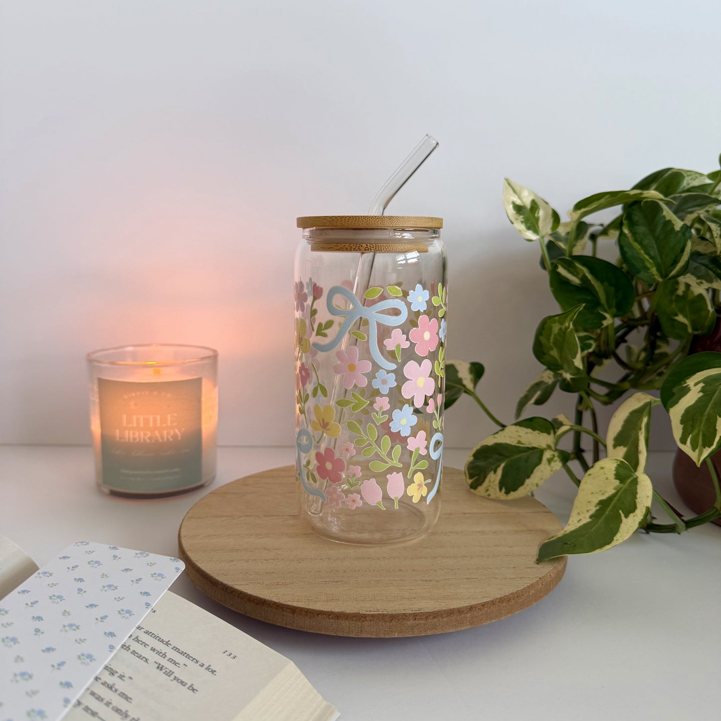 Coquette Blue Bow and Floral Iced Coffee Glass