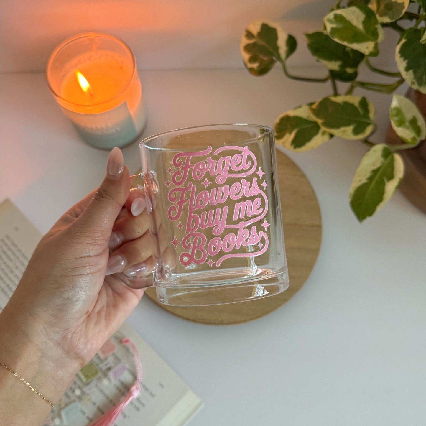 Forget Flowers Buy me Books Glass Mug – Aesthetic Clear Mug for Coffee & Book Lovers