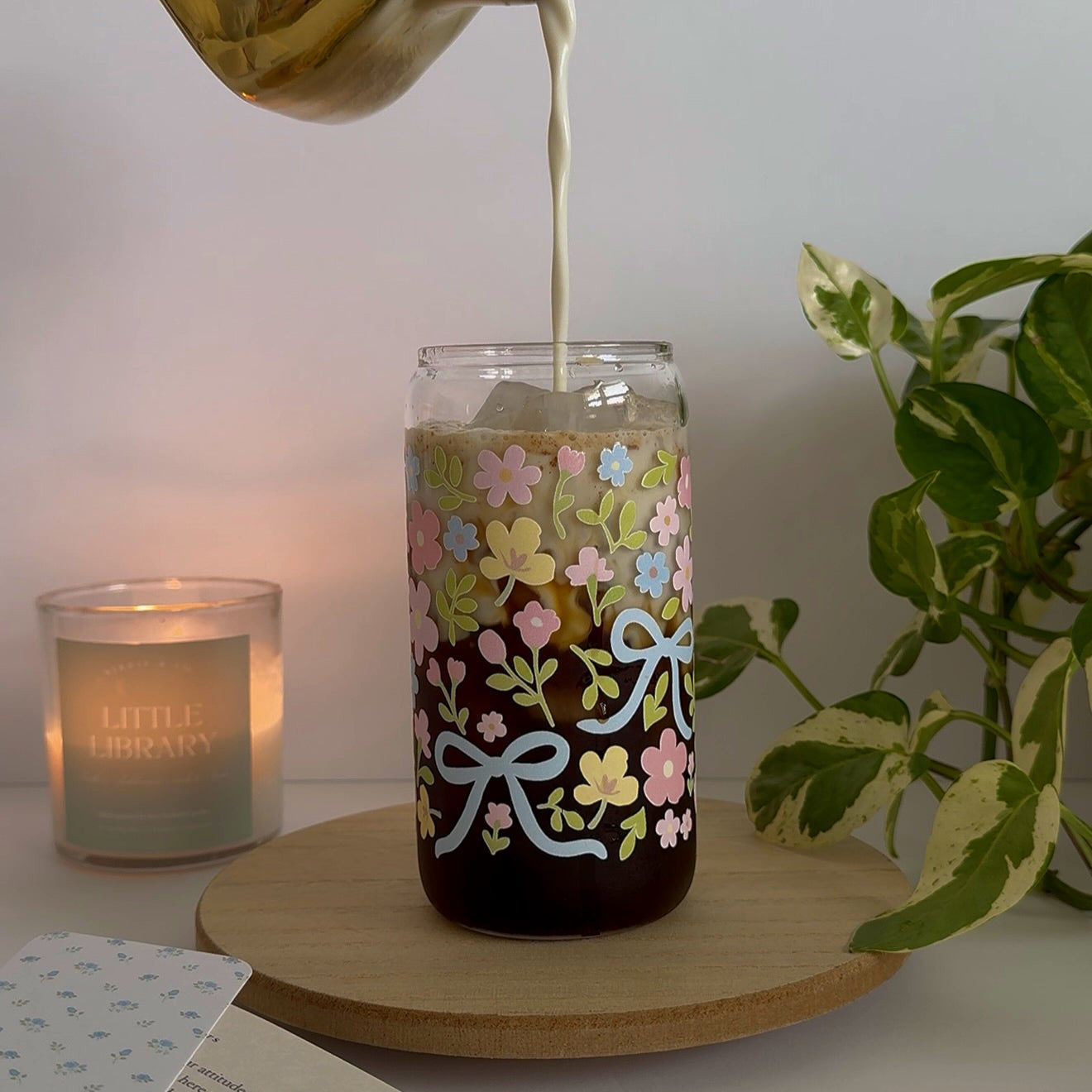 Coquette Blue Bow and Floral Iced Coffee Glass