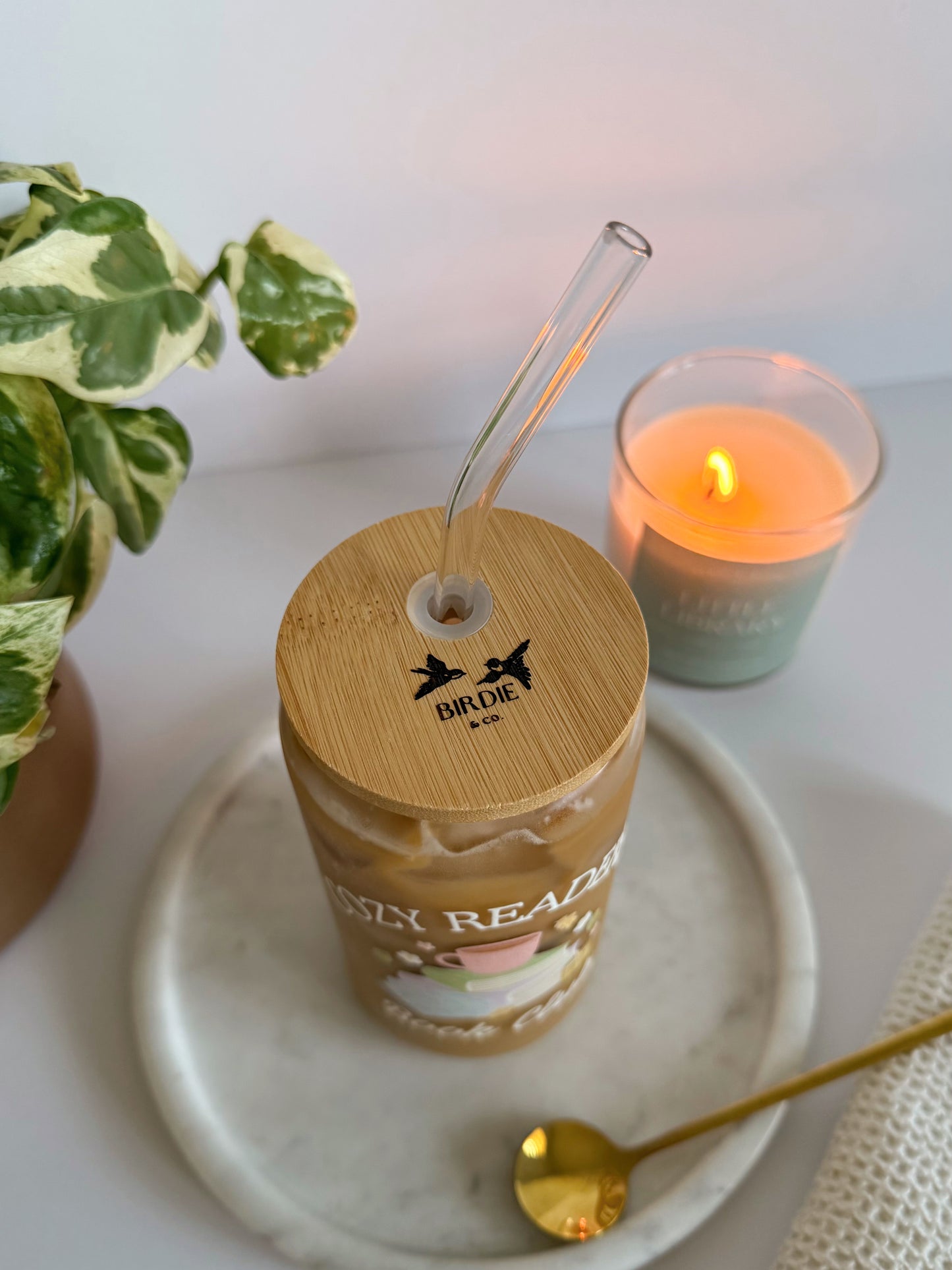 Cozy Readers Book Club Iced Coffee Glass – Reusable Glass Can Cup for Book Lovers & Coffee Enthusiasts